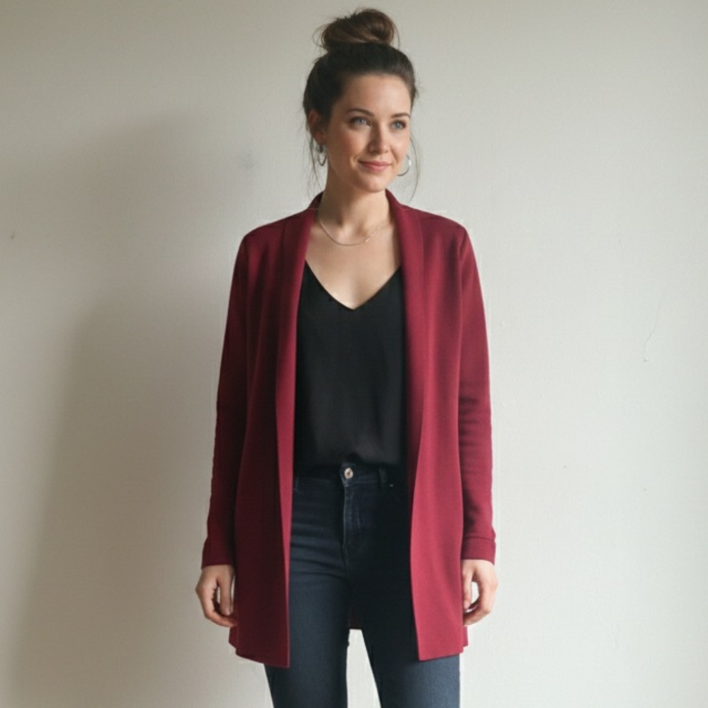 Eileen Fisher Sz M Petite Red Silk Cotton Knit Minimalist Cardigan Sweater